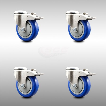Service Caster 4 Inch 316SS Blue Polyurethane Swivel Bolt Hole Caster Set with Lock Brake SCC SCC-SS316BHTTL20S414-PPUB-BLUE-4